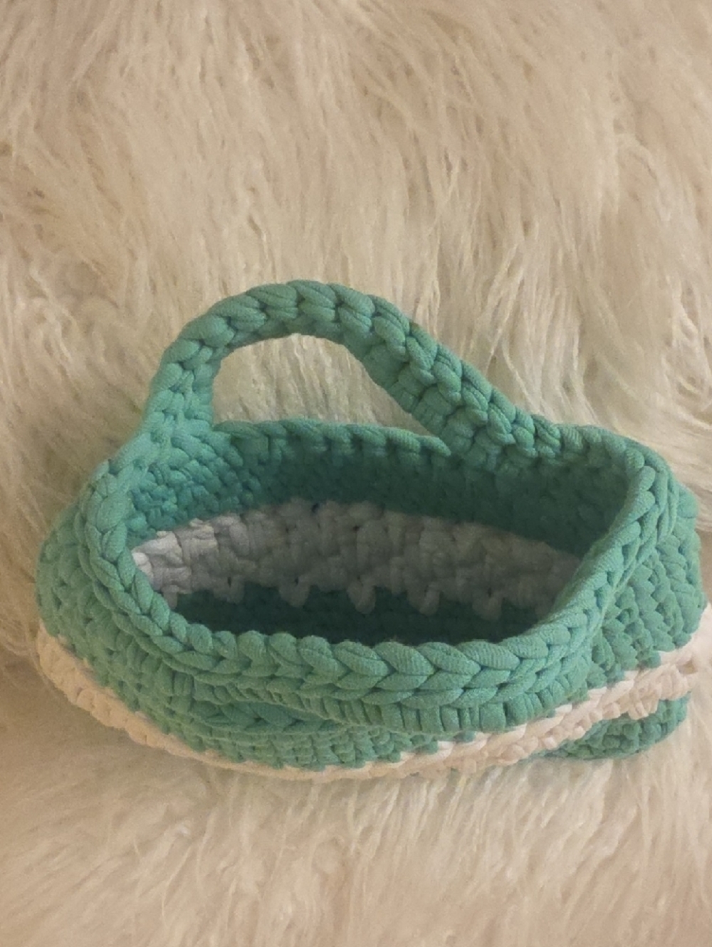 Handwoven Teal and Cream Mini Crochet Bag 11× 8.5  From the Handle to the Bottom - Picture 7 of 11